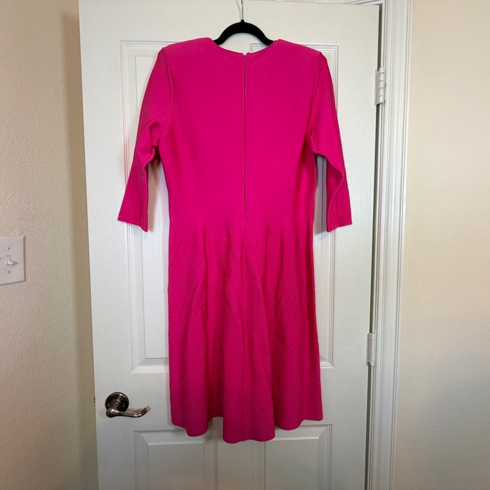 CAROLINA HERRERA - Bright Pink Knit Fit and Flare Dress with Perforated him - Picture 2 of 6